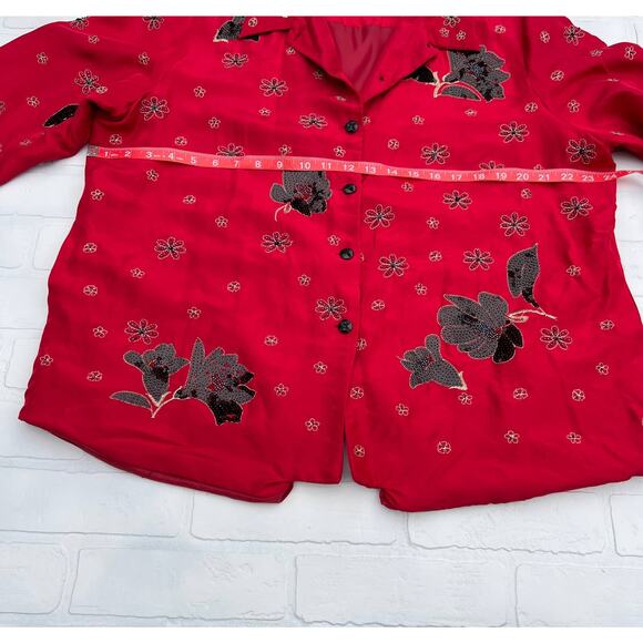 TanJay Women's  Red and Black Sequin Silk Button Lightweight Holiday Jacket-sz L - Picture 5 of 5